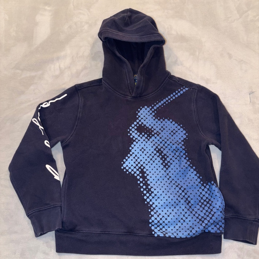 Polo Ralph Lauren Boys Navy Blue Big Pony Dot Matrix Graphic Hoodie Size M 10-12
